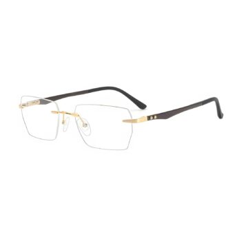 Rimless Rectangle Glasses – Titanium Frame, Carbon Fiber Templesb Gold
