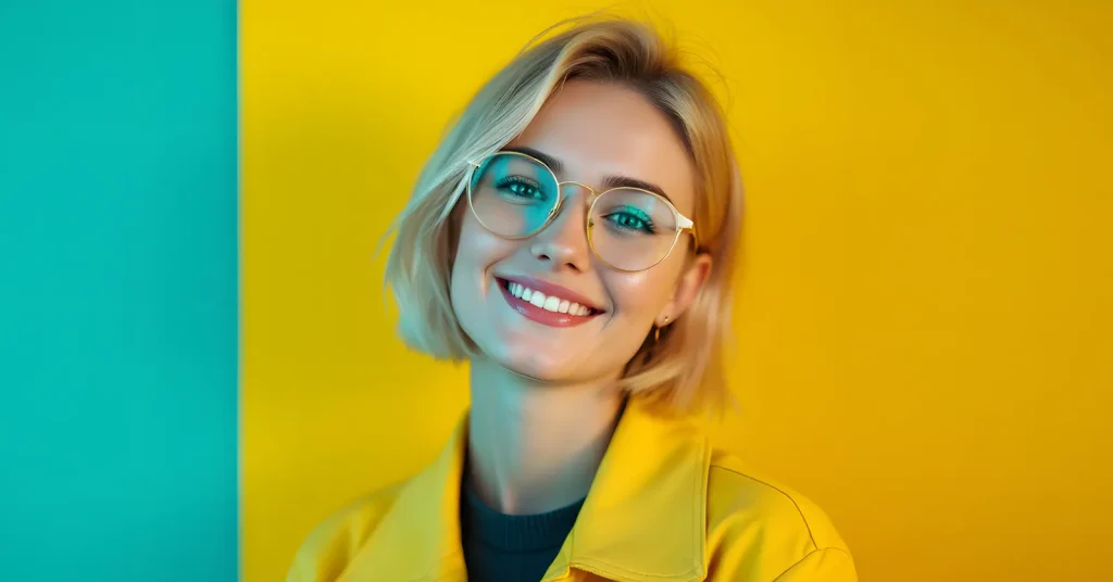Blonde woman smiling wearing titanium Glasses Frame