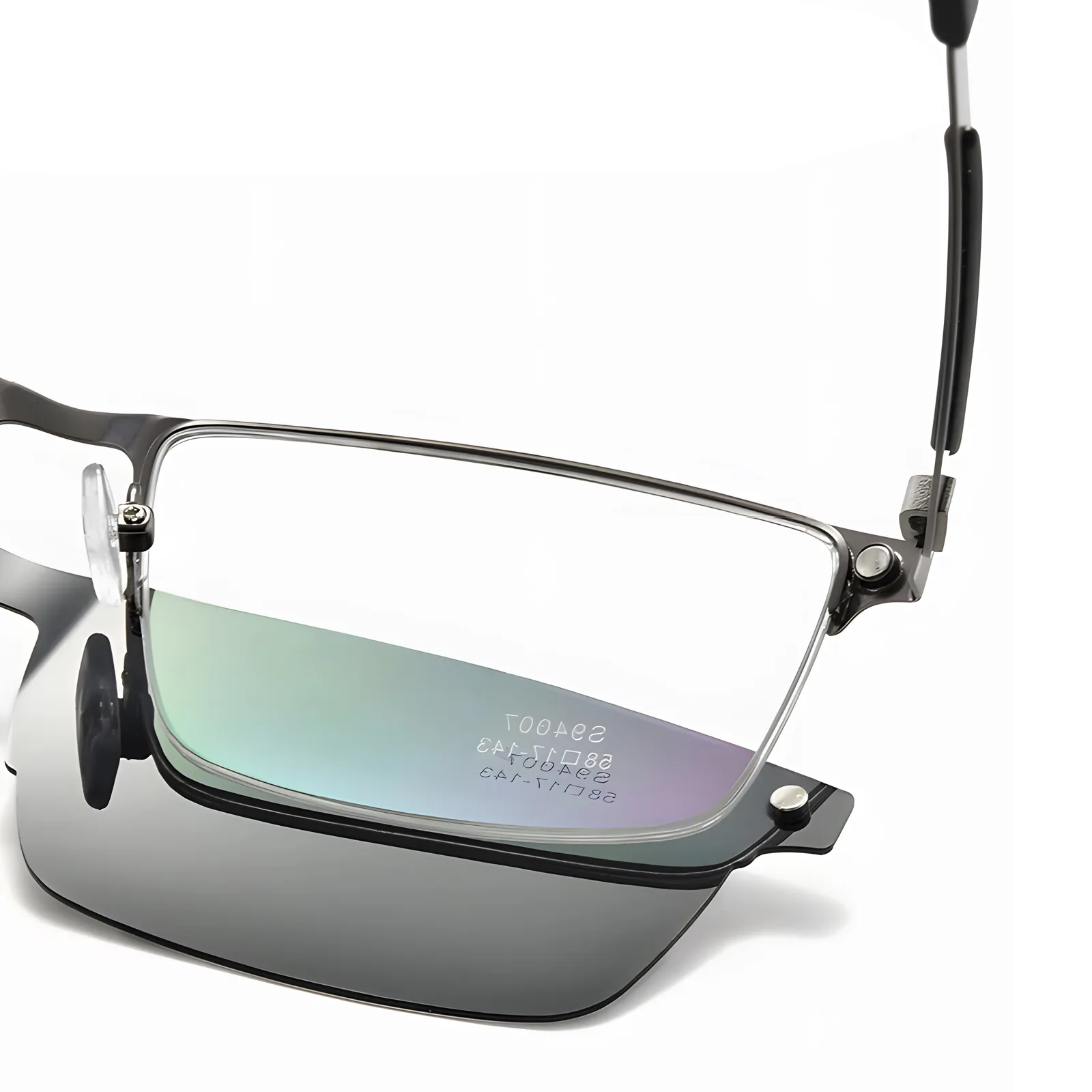 IZIS semi-rimless rectangle magnetic clip-on frames with polarized sunglass attachment.