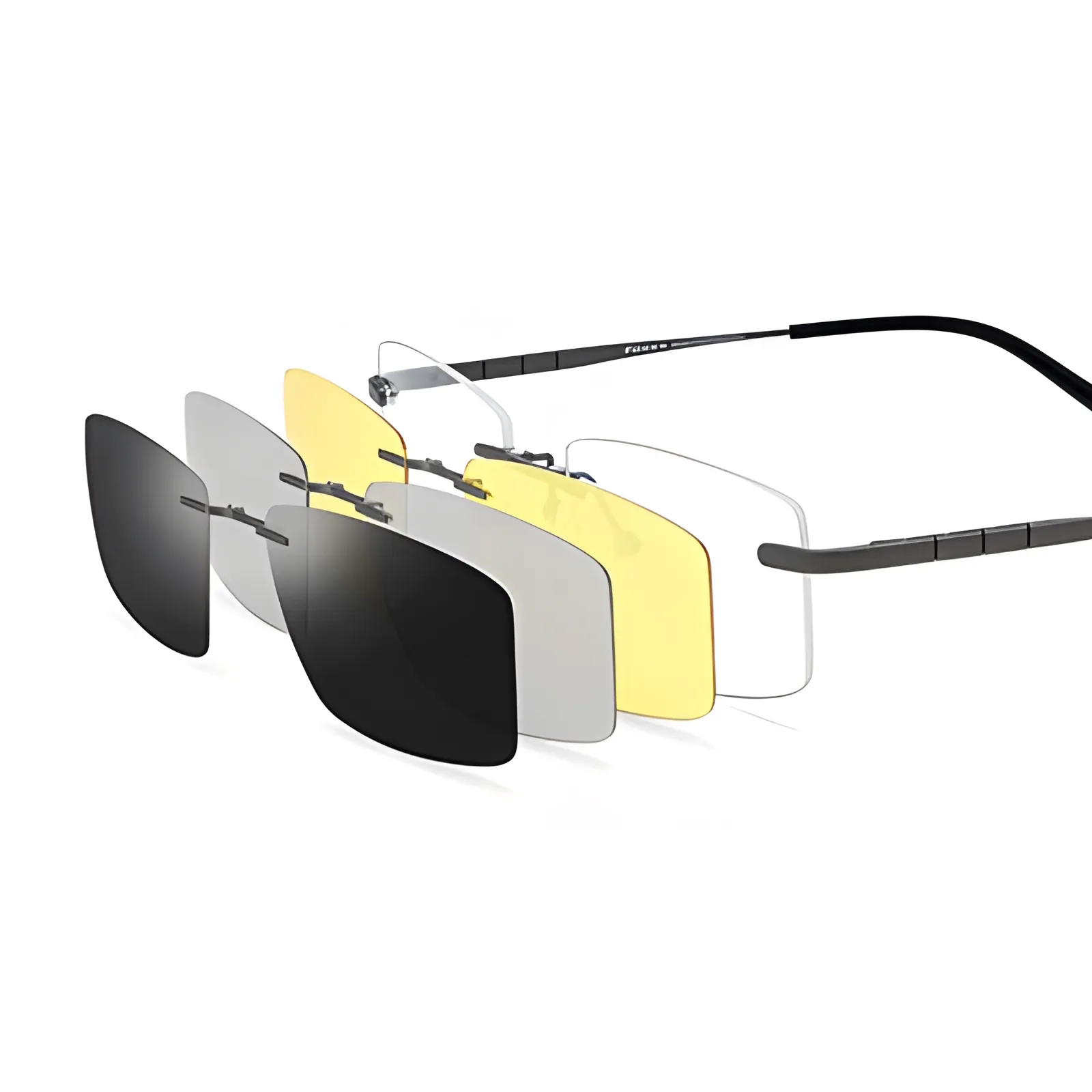 FOCAL rimless rectangle magnetic clip-on frames with interchangeable tinted lenses.