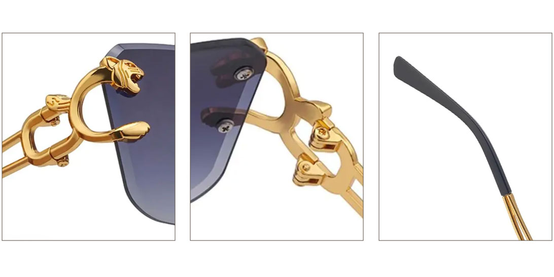 PANTHER Rimless Sunglasses – Frame and Lens Detail PANTHER Rimless Sunglasses Golden Frame Detail – Diamond Cut Lenses and Metal Alloy Bridge Close-Up