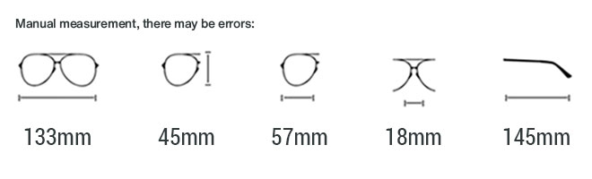 PANTHER Rimless Sunglasses – Size Guide PANTHER Metal Alloy Rimless Sunglasses Size Chart – Width 133mm, Lens Height 45mm, Lens Width 57mm, Bridge 18mm, Temples 145mm